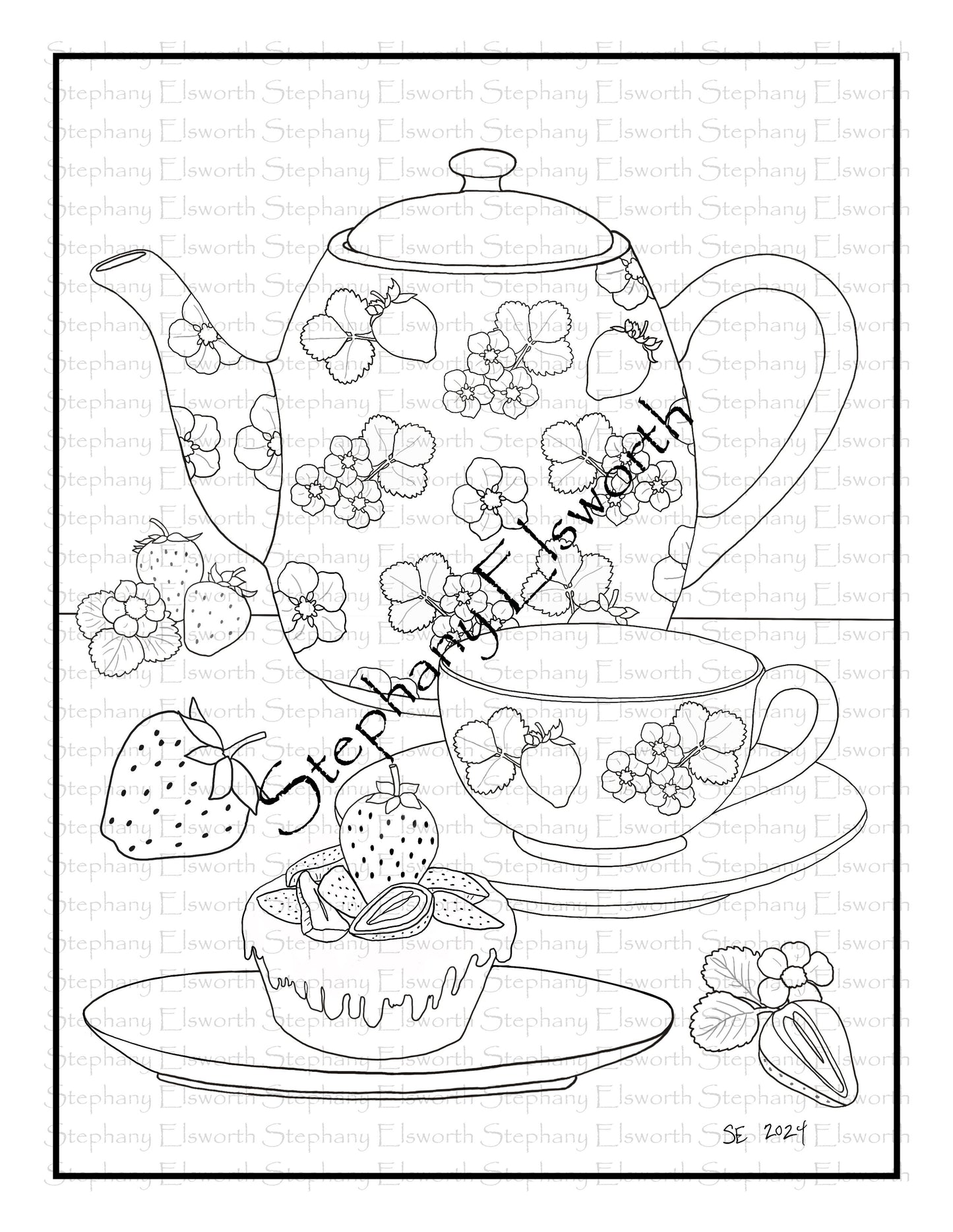 Strawberry Tea 8.5 x 11 inch Instant Download Coloring Page