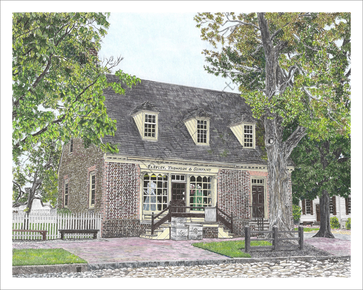 14 x 11 inch Colonial Williamsburg's Tarpley, Thompson & Co. Shop in 20 x 16 inch Black Mat Original Art