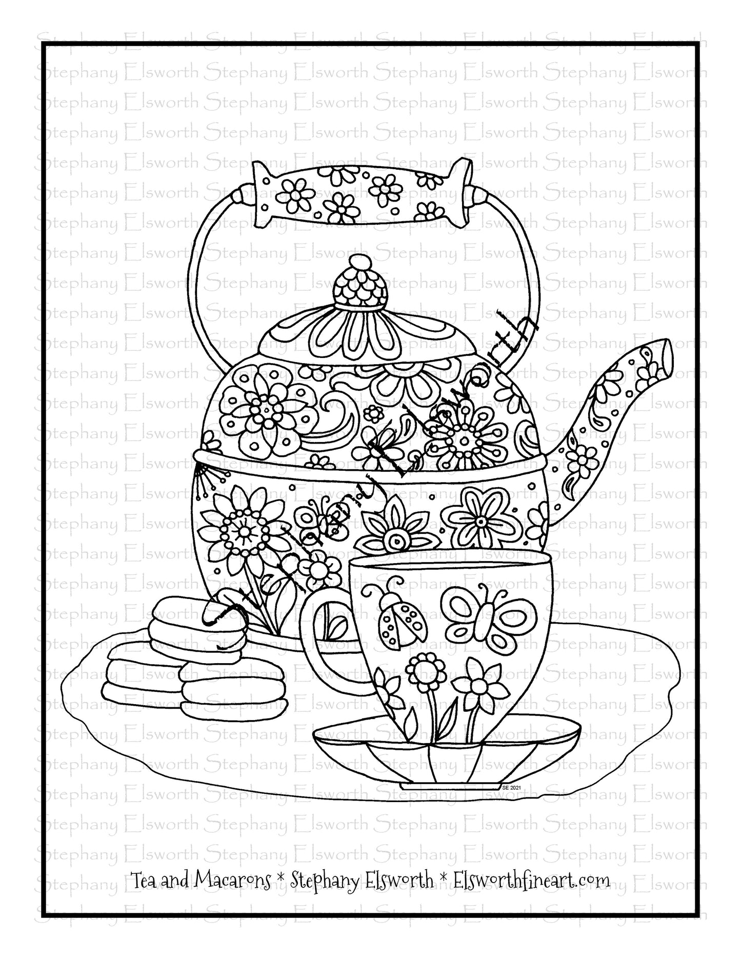 Tea and Macarons Free 8 1/2 x 11 inch Coloring Page