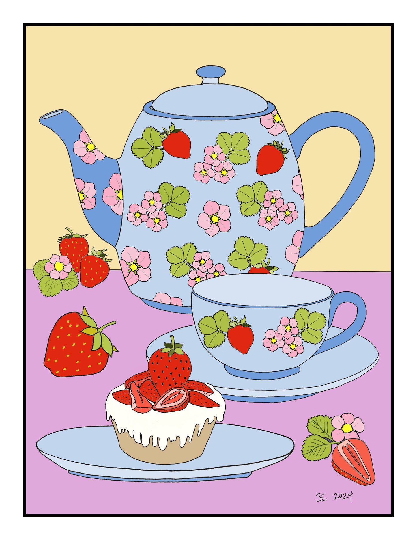 Strawberry Tea 8.5 x 11 inch Instant Download Coloring Page