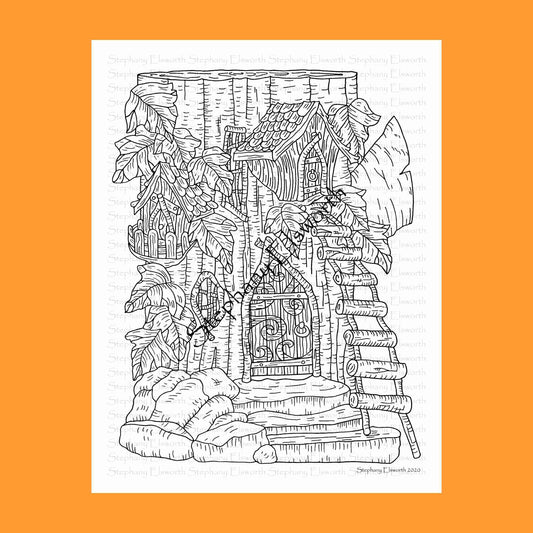 Tree Stump Fairy House 8 1/2 x 11 Printable Instant Download Coloring Page (Faerie Houses III)