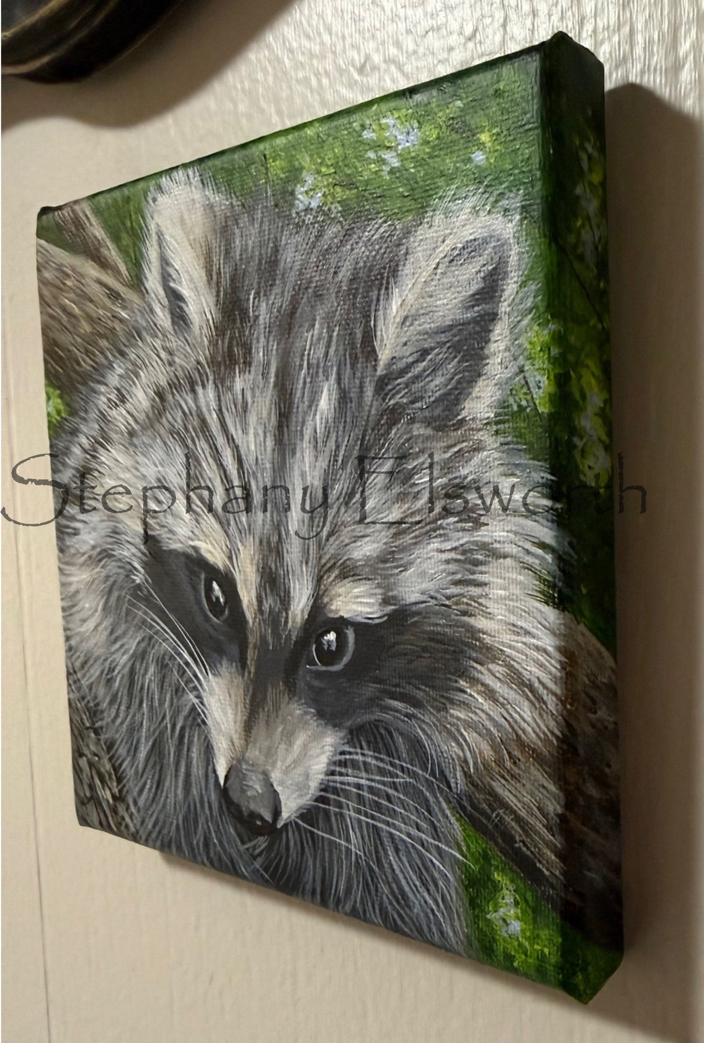 6 x 6 Trouble in the Trees Original Acrylic Miniature Raccoon Painting
