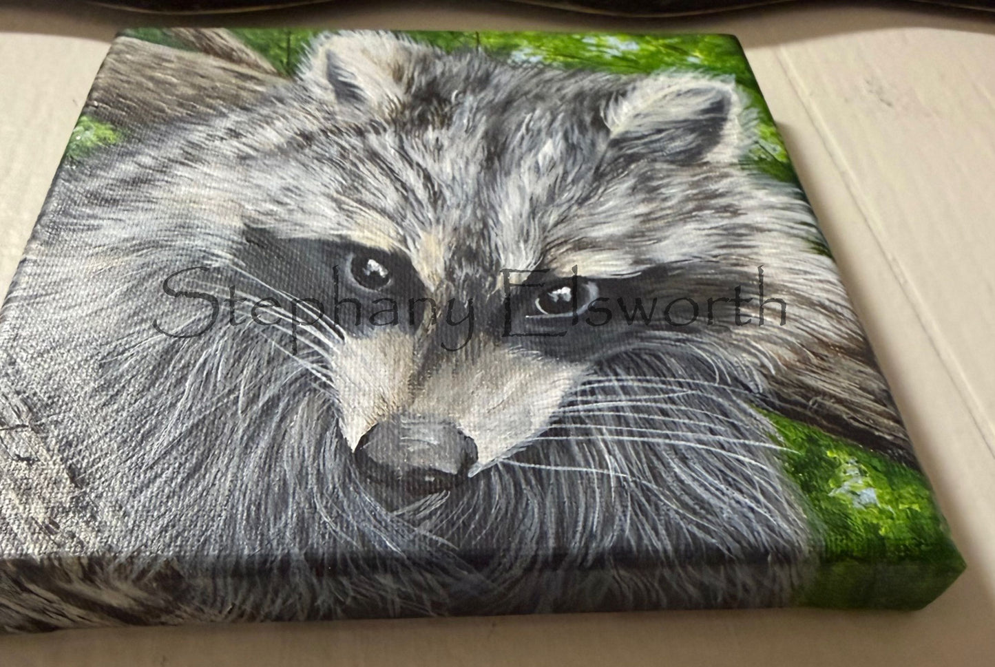 6 x 6 Trouble in the Trees Original Acrylic Miniature Raccoon Painting