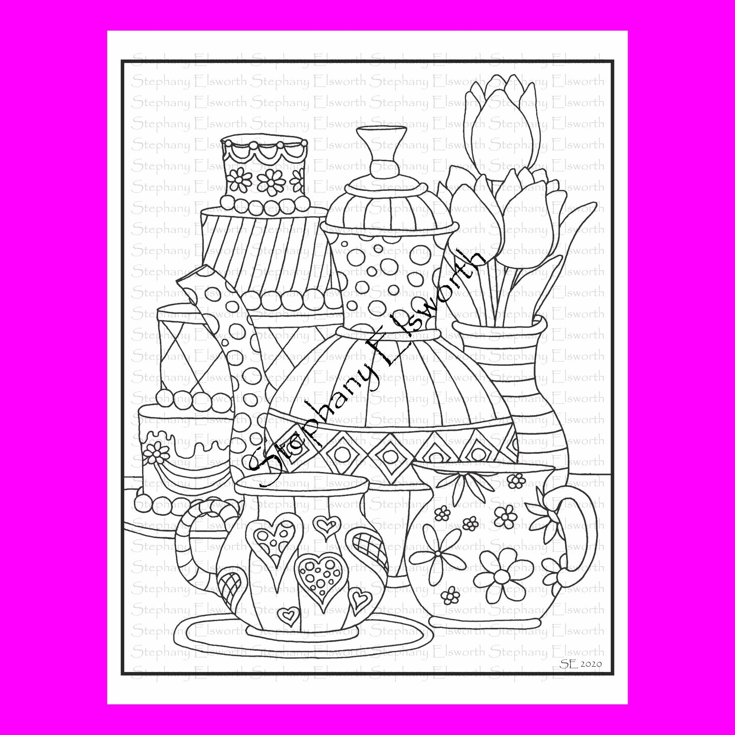 Whimsical Tea Set 8 1/2 x 11 Printable Instant Download Coloring Page