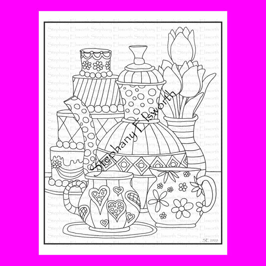 Whimsical Tea Set 8 1/2 x 11 Printable Instant Download Coloring Page