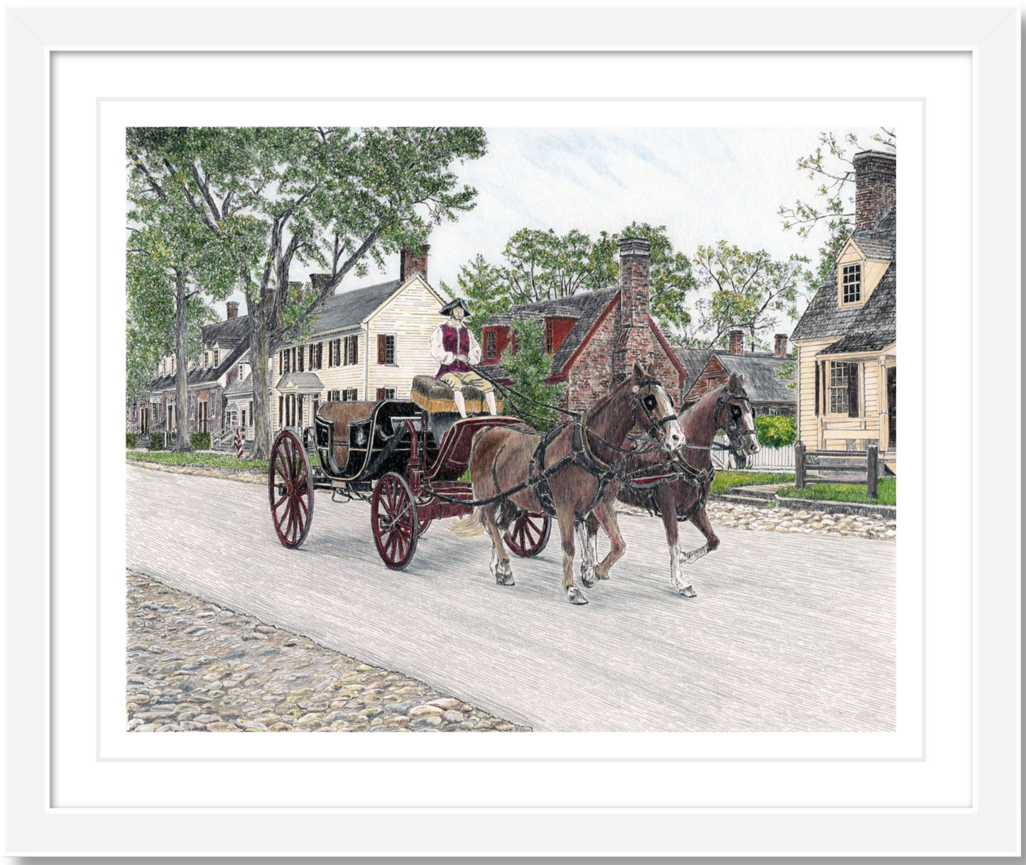 Colonial Williamsburg's Carriage Ride, Williamsburg, Virginia 11 x 14 Pen and Ink/Colored Pencil Archival Matte Giclee Fine Art Print with Optional Mat and/or Frame