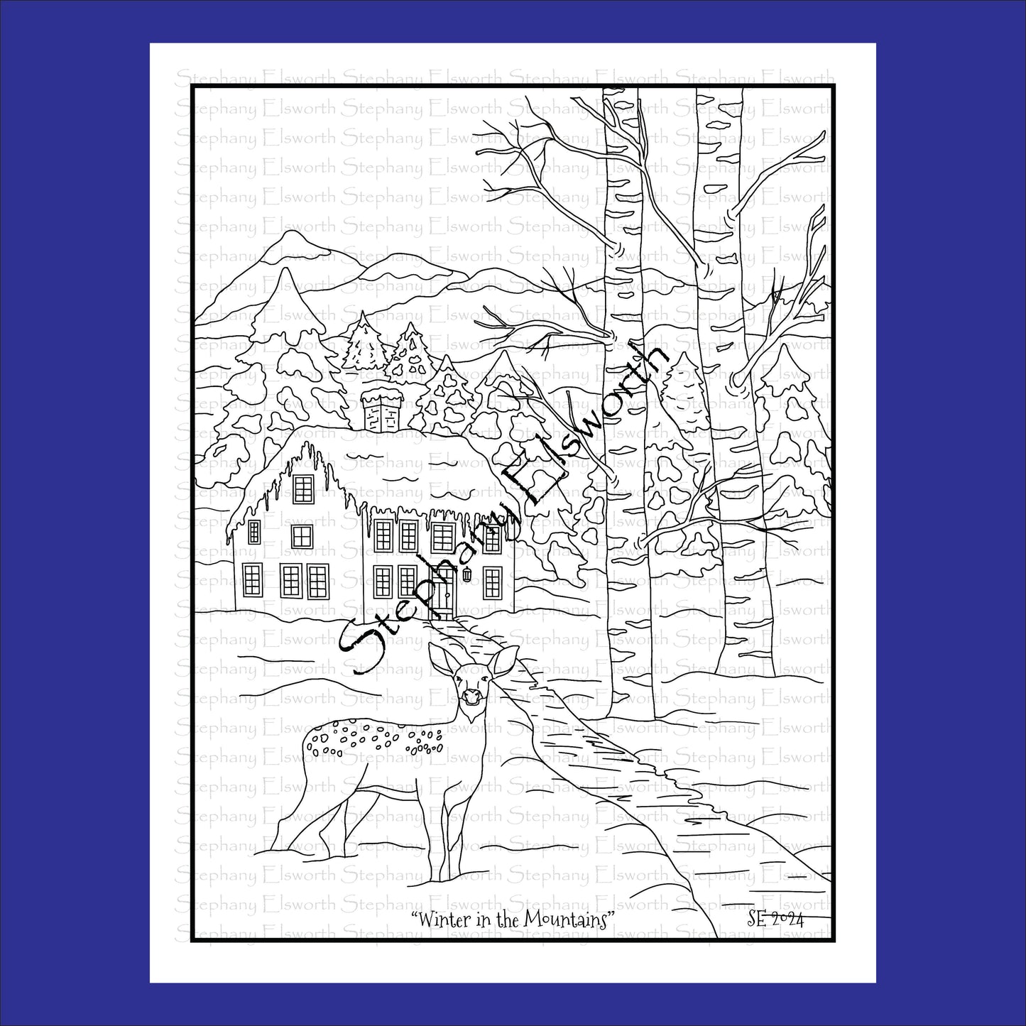 Winter in the Mountains 8 1/2 x 11 Printable Instant Download Coloring Page