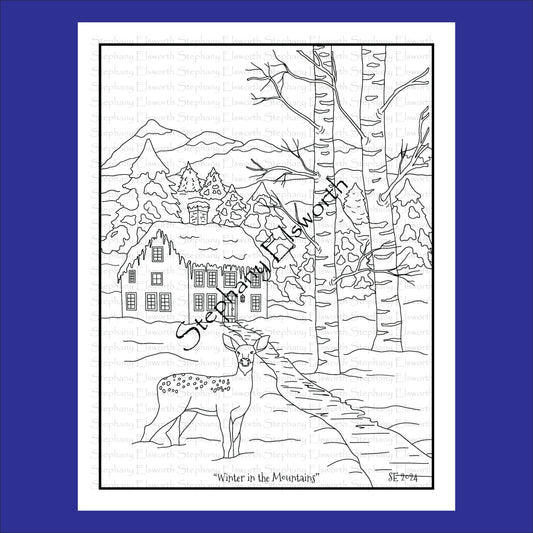 Winter in the Mountains 8 1/2 x 11 Printable Instant Download Coloring Page