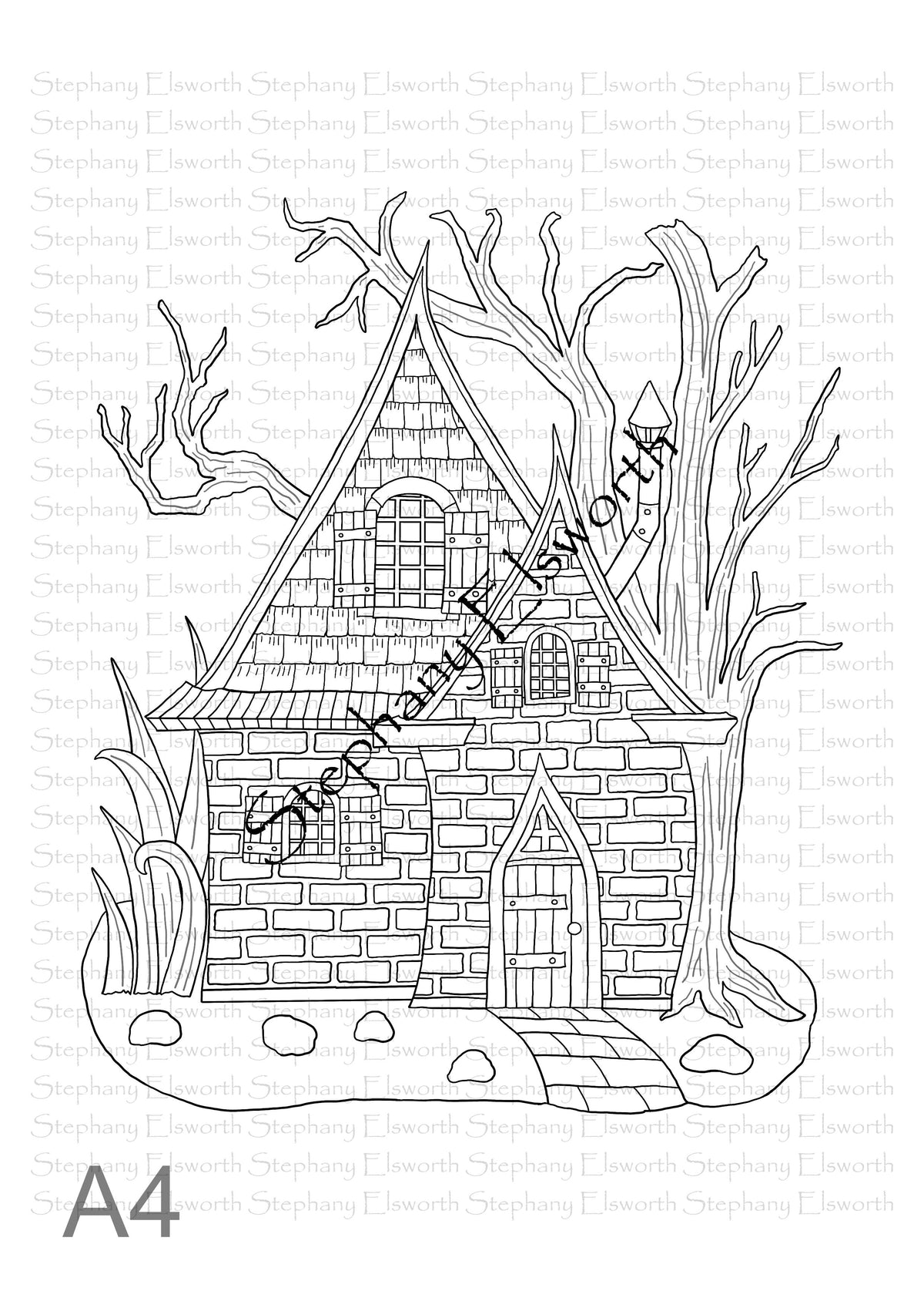 Brick and Shingle Fairy House Letter/A4 Printable Instant Download Coloring Page