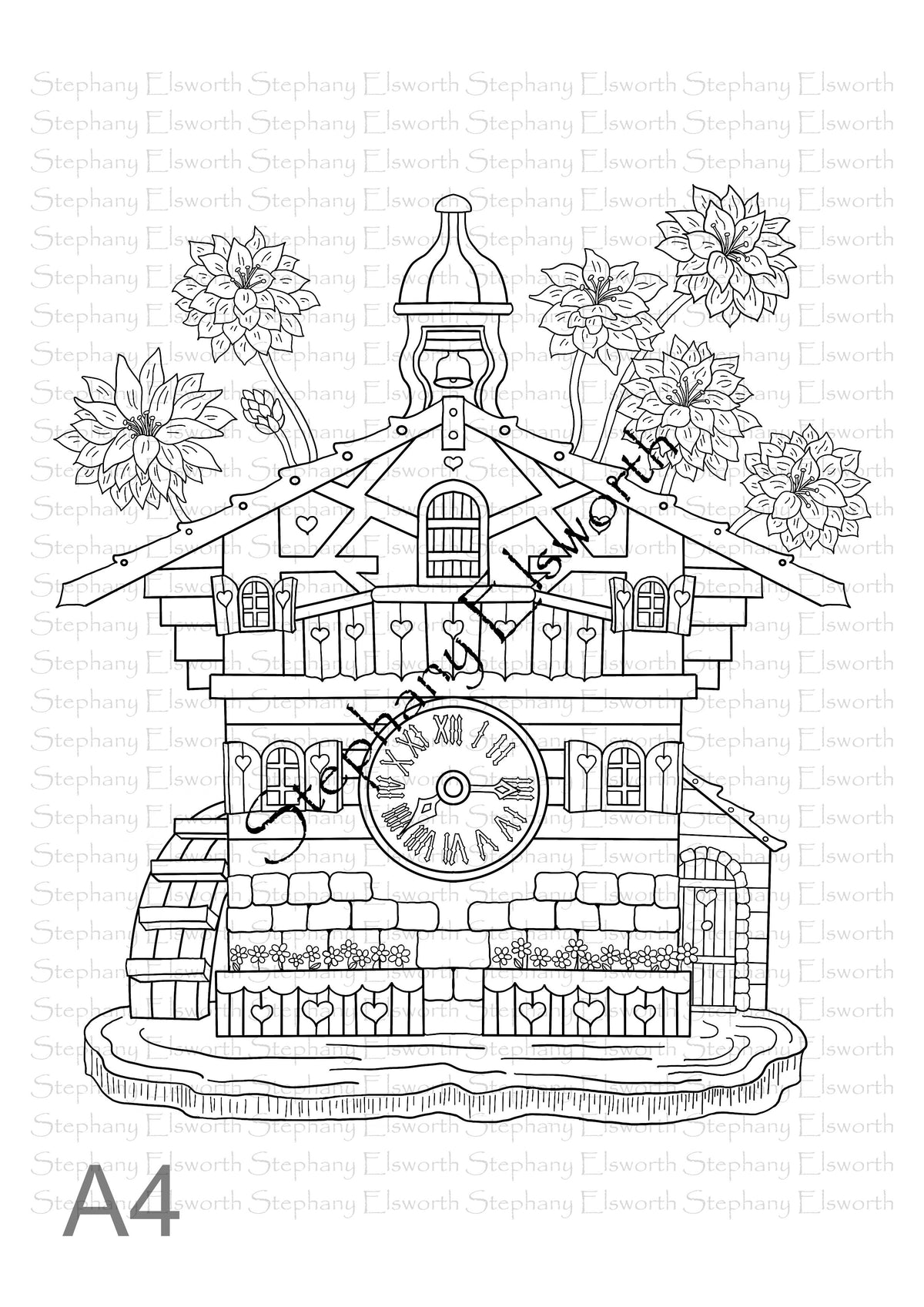 Cuckoo Clock Fairy Cottage Letter/A4 Instant Download Printable Coloring Page
