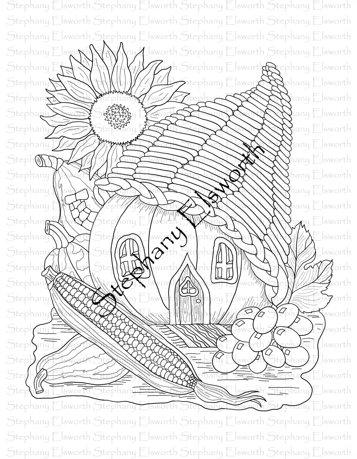 Cornucopia and Pumpkin Fairy House Letter/A4 Printable Instant Download Coloring Page