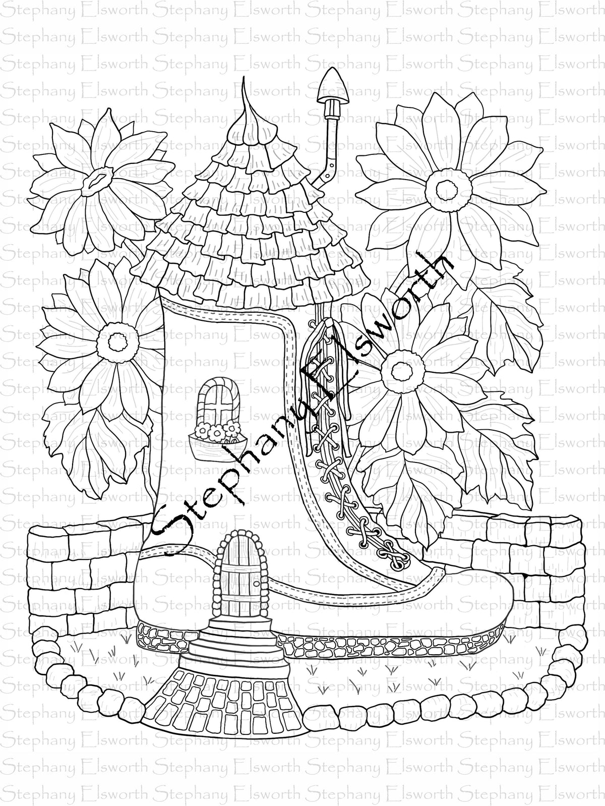 Boot Fairy House Letter/A4 Instant Download Printable Coloring Page