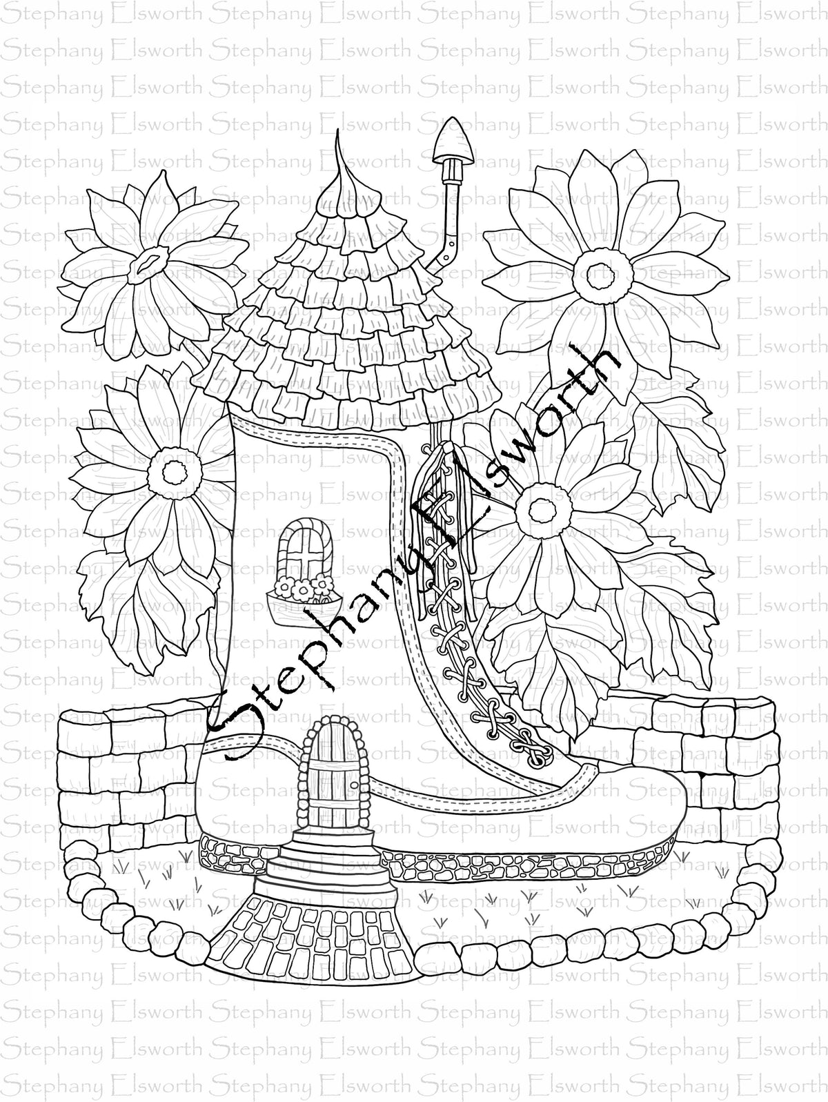 Boot Fairy House Letter/A4 Instant Download Printable Coloring Page