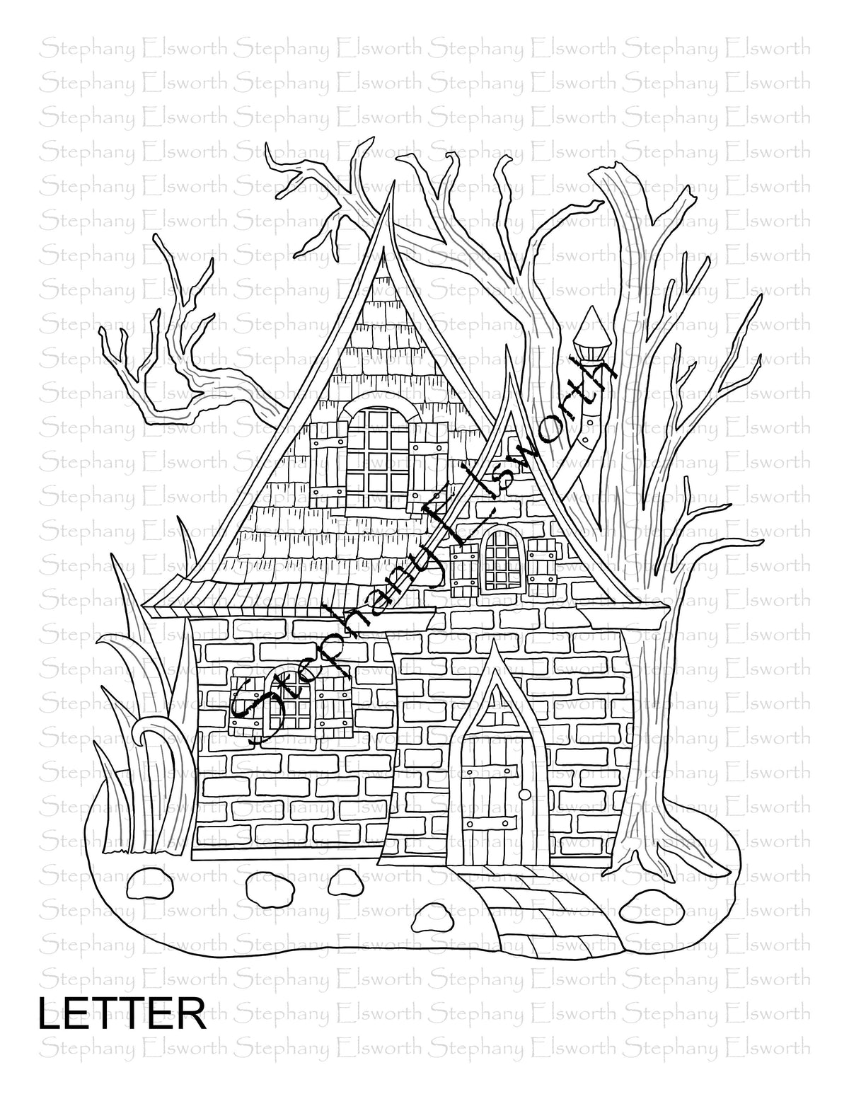 Brick and Shingle Fairy House Letter/A4 Printable Instant Download Coloring Page