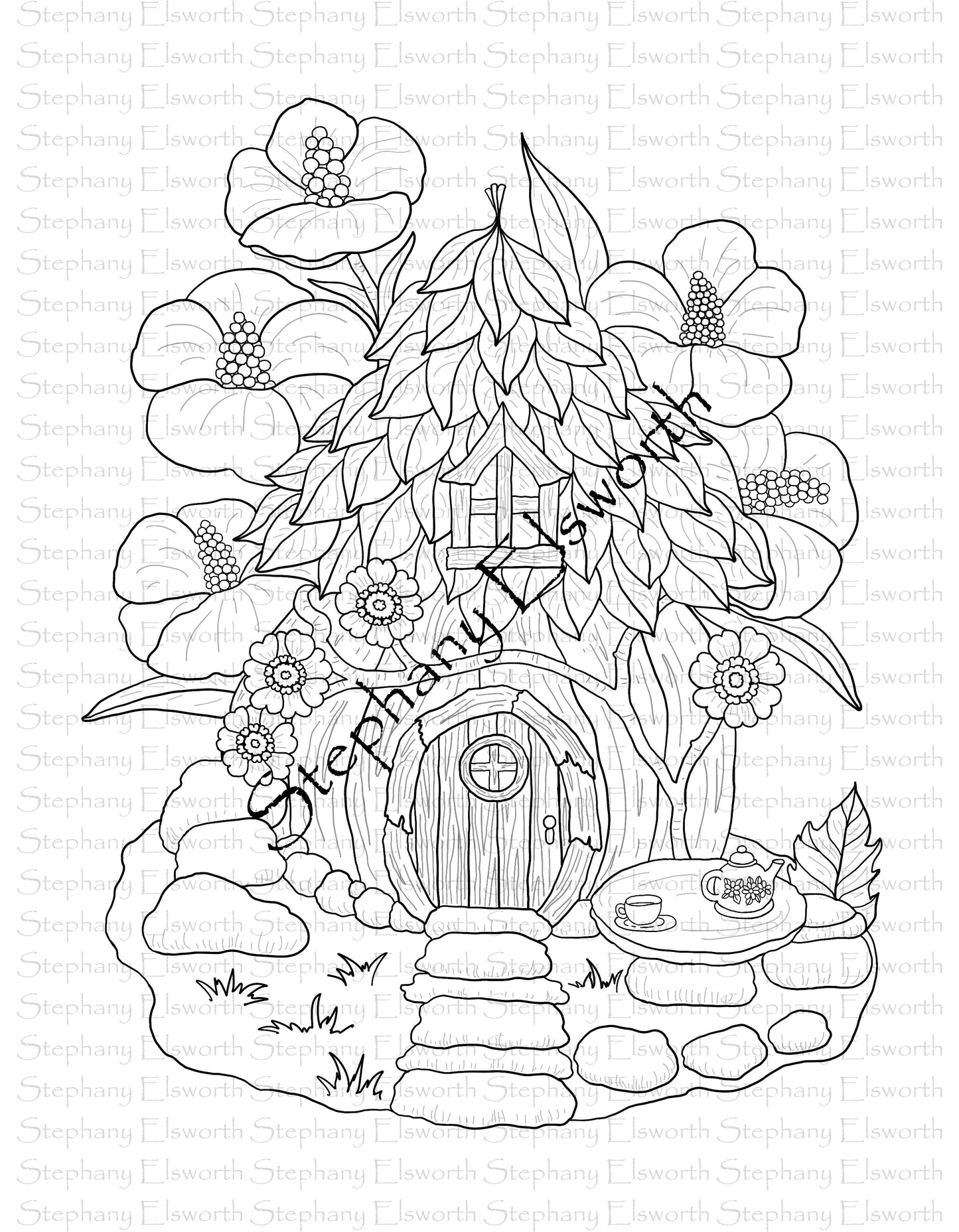 Wood and Leaf Fairy House Coloring Page