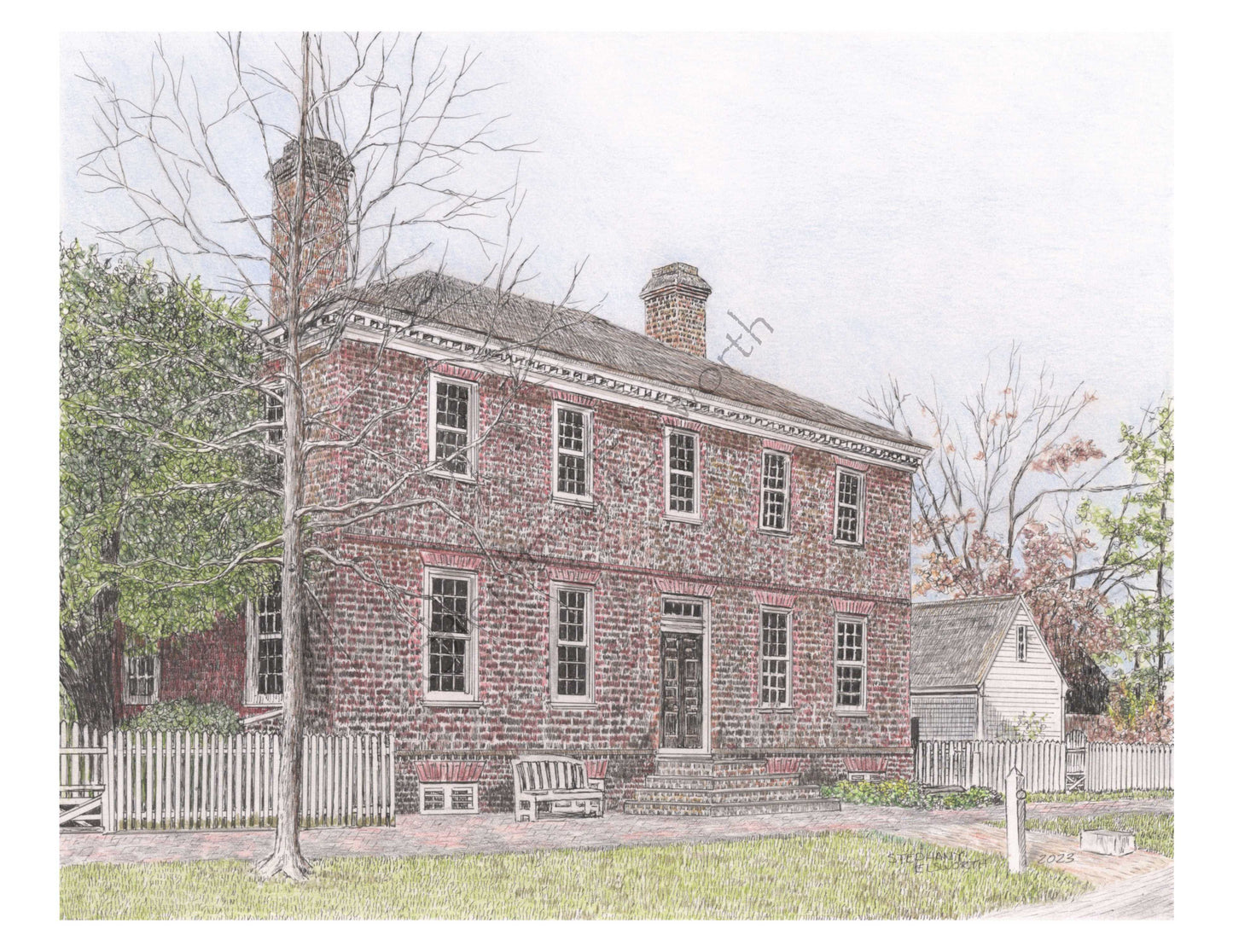 Colonial Williamsburg's Wythe House, Williamsburg, VA 8 x 10 Matted Pen and Ink/Colored Pencil Print