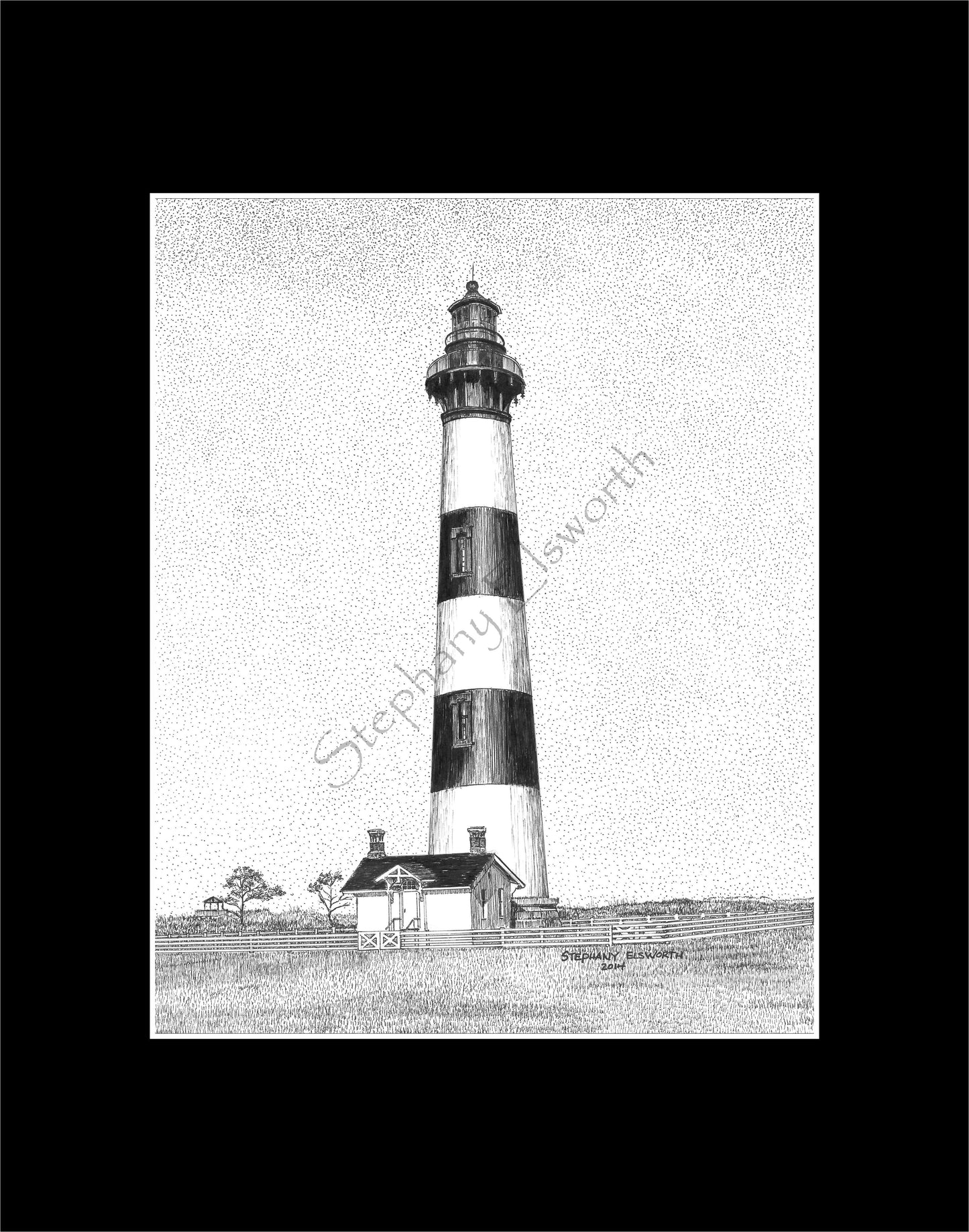 Bodie Island Lighthouse, Nags Head, North Carolina 8 x 10 Pen and Ink Print in 11 x 14 mat