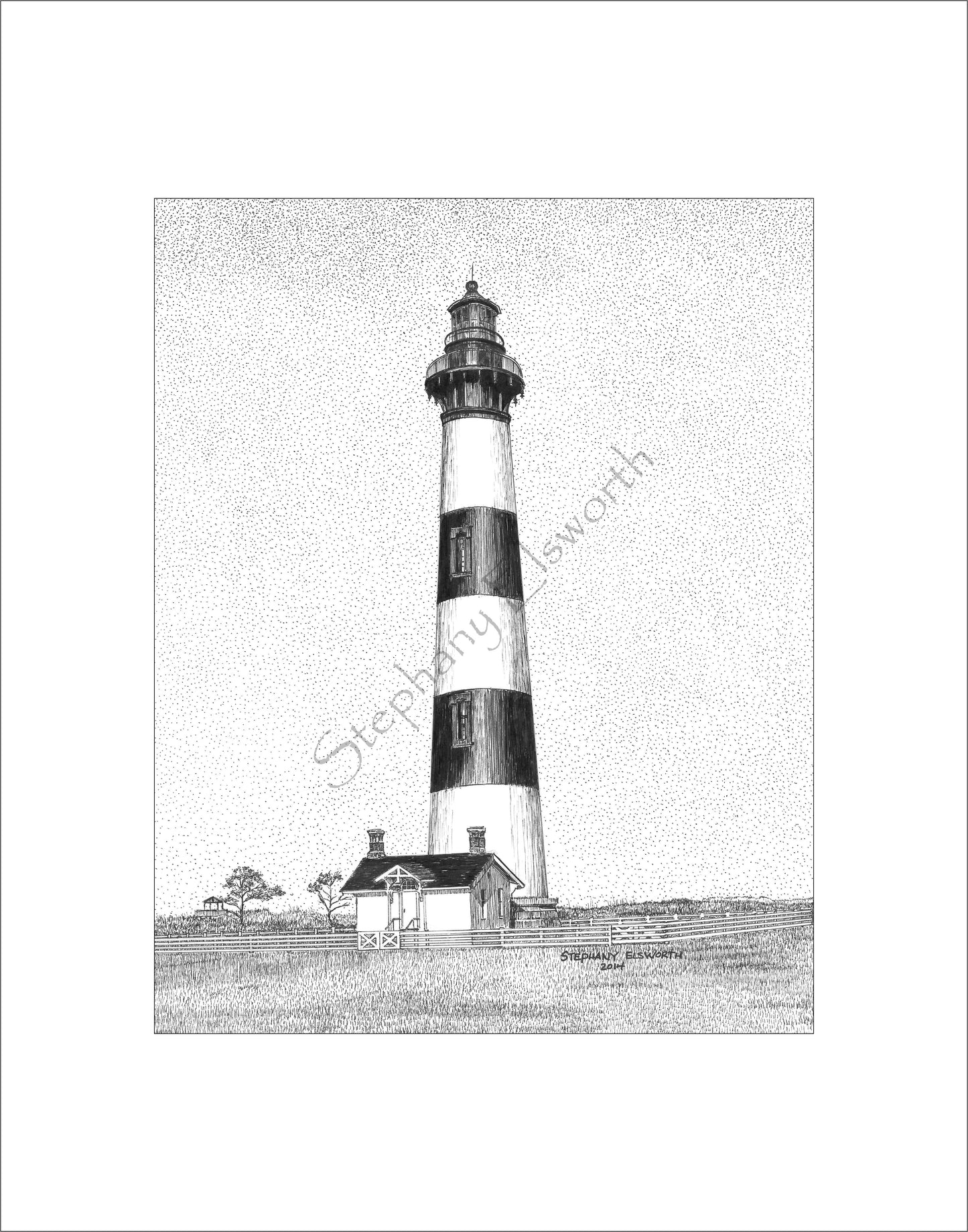 Bodie Island Lighthouse, Nags Head, North Carolina 8 x 10 Pen and Ink Print in 11 x 14 mat