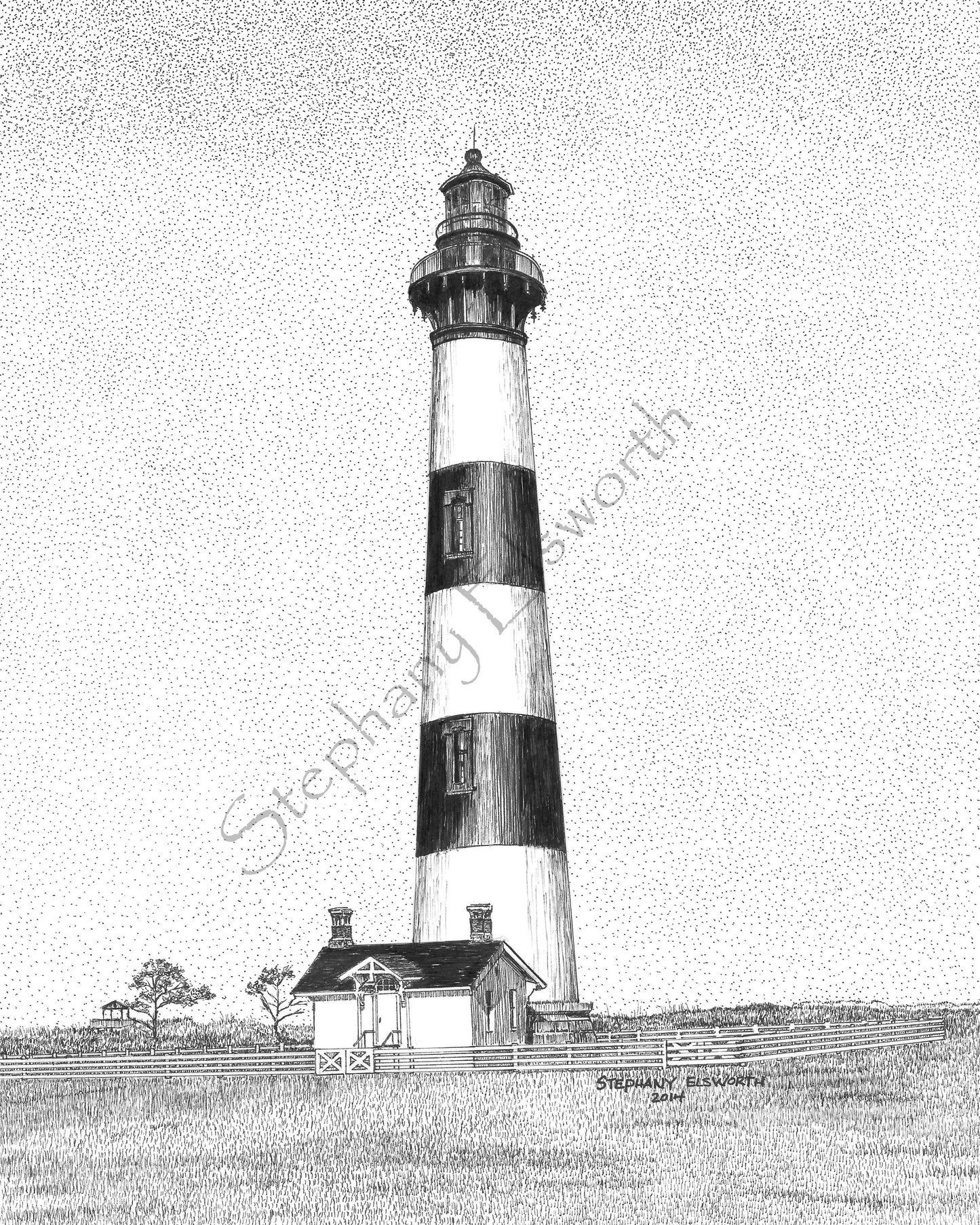 Bodie Island Lighthouse, Nags Head, North Carolina 8 x 10 Pen and Ink Print in 11 x 14 mat