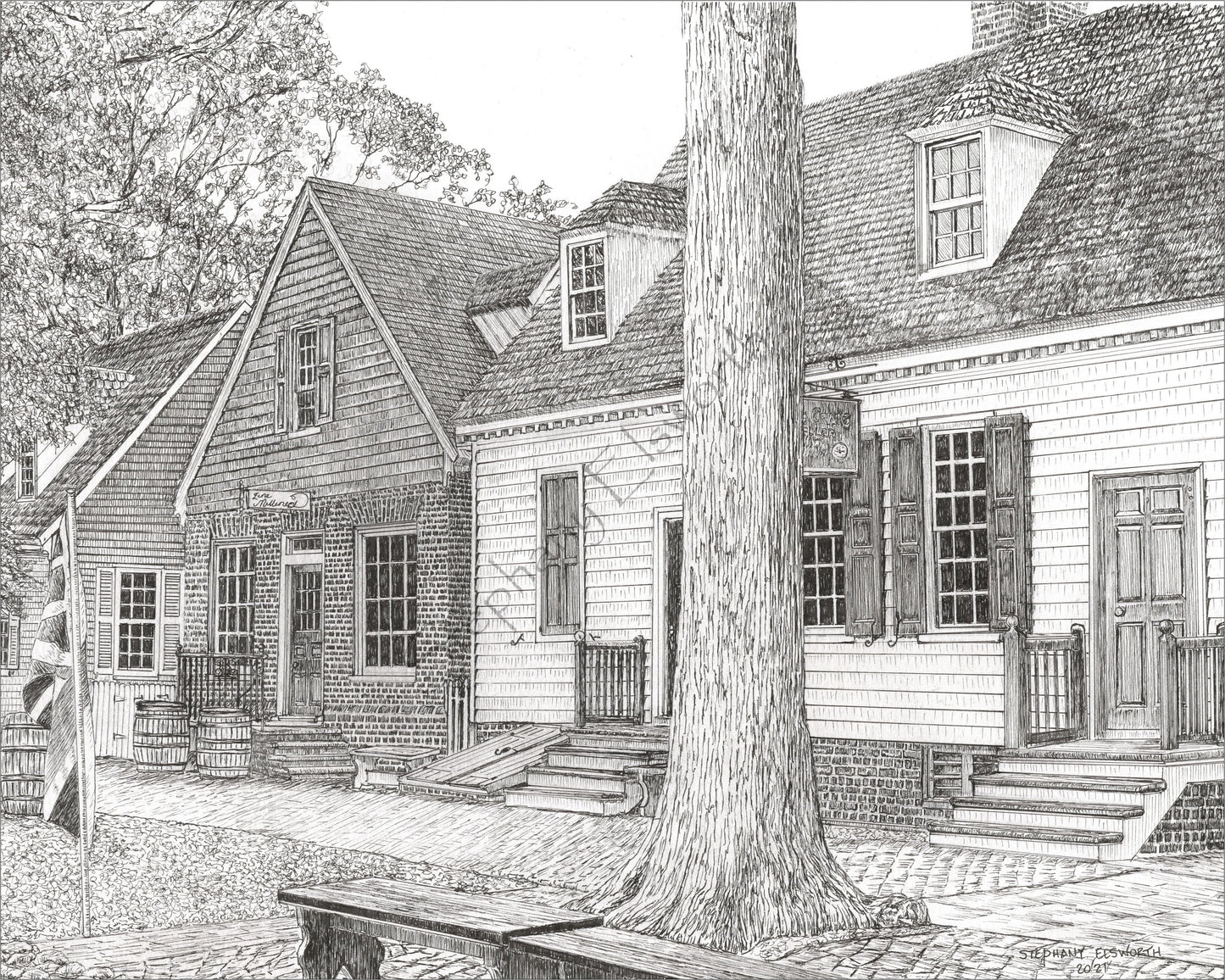 Colonial Williamsburg's Millinery and James Craig Jewelers, Williamsburg, VA 8 x 10 Pen and Ink Print in 11 x 14 mat