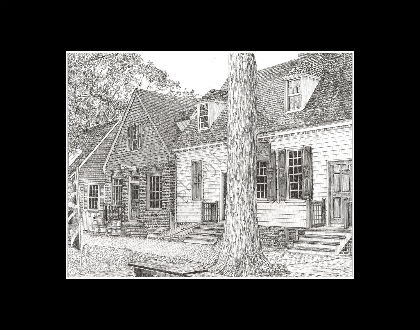 Colonial Williamsburg's Millinery and James Craig Jewelers, Williamsburg, VA 8 x 10 Pen and Ink Print in 11 x 14 mat