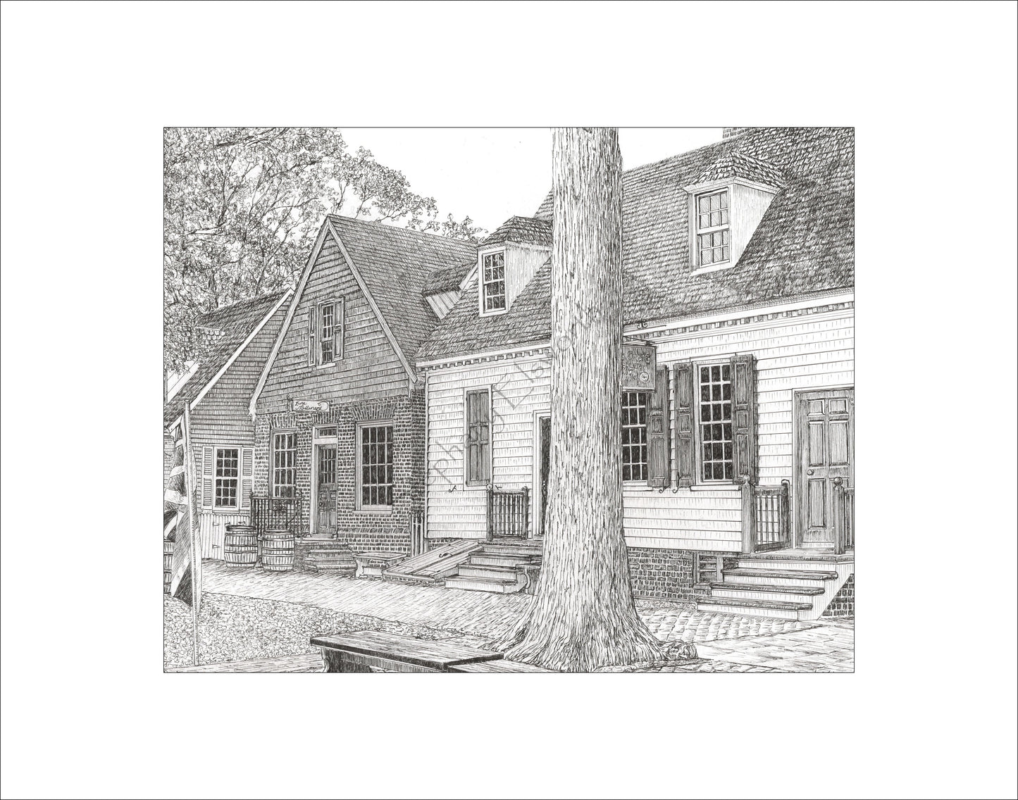 Colonial Williamsburg's Millinery and James Craig Jewelers, Williamsburg, VA 8 x 10 Pen and Ink Print in 11 x 14 mat