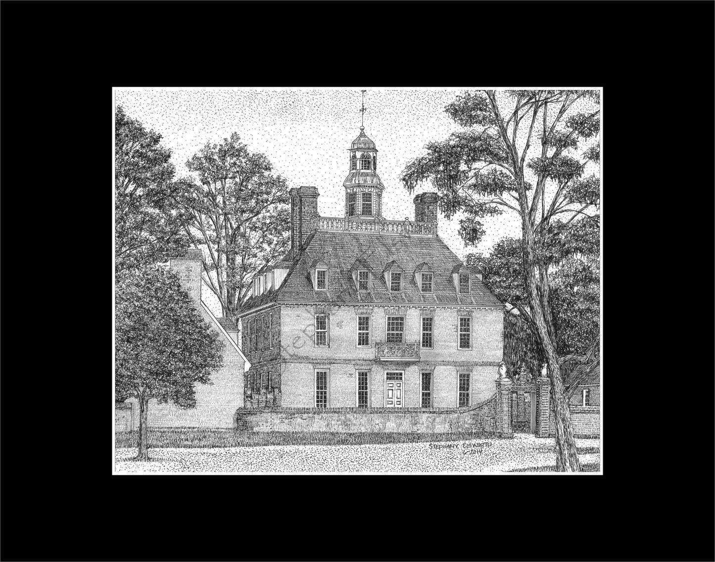 Colonial Williamsburg's Governor's Palace, Williamsburg, VA 8 x 10 Pen and Ink Print in 11 x 14 mat