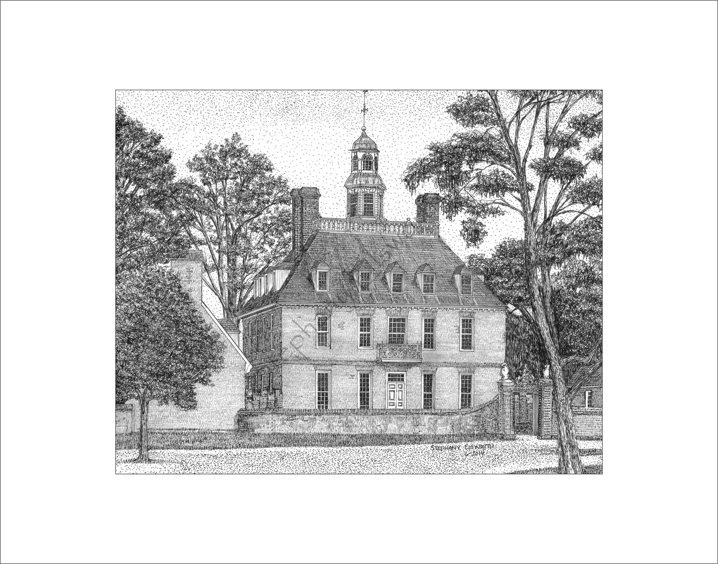 Colonial Williamsburg's Governor's Palace, Williamsburg, VA 8 x 10 Pen and Ink Print in 11 x 14 mat