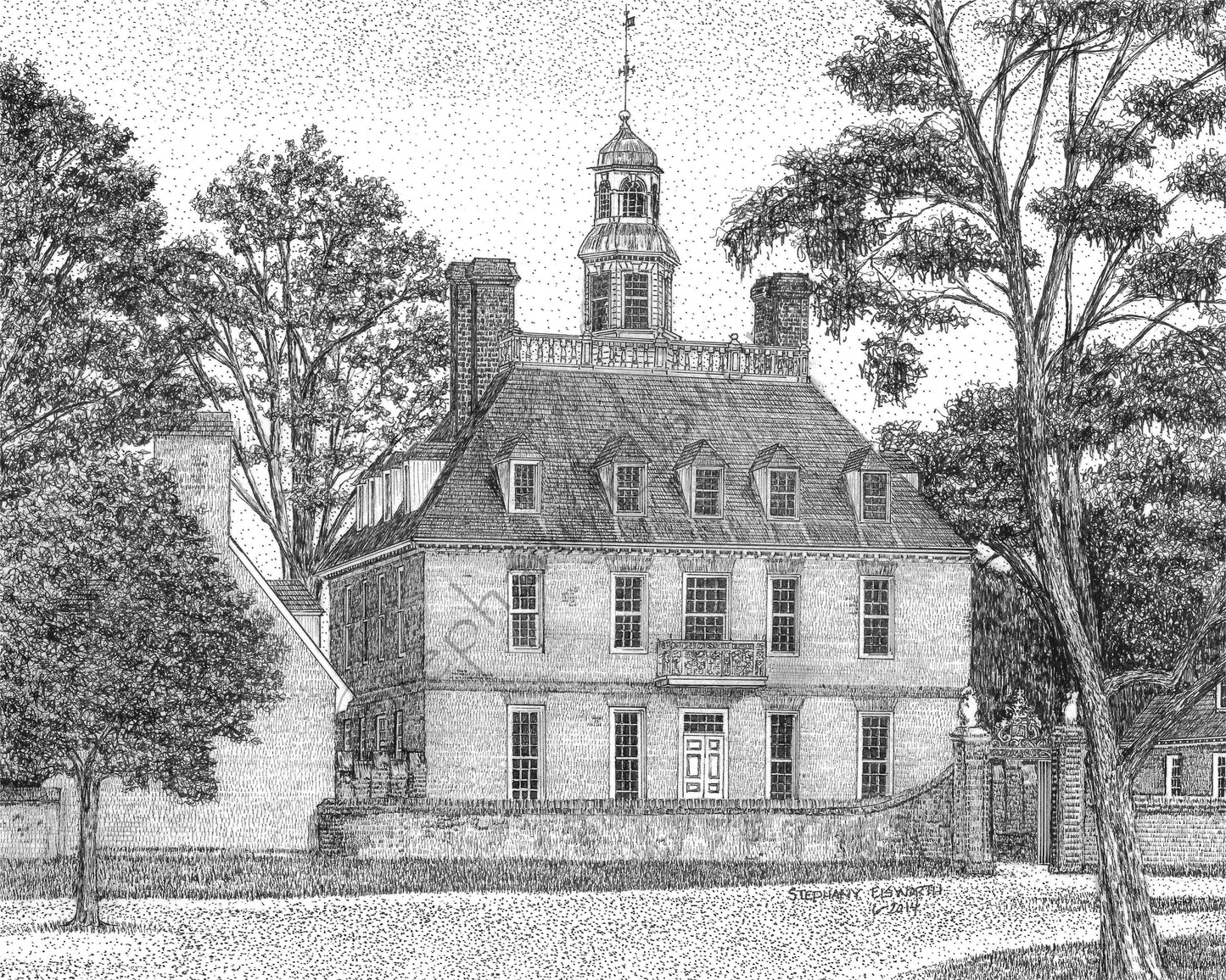 Colonial Williamsburg's Governor's Palace, Williamsburg, VA 8 x 10 Pen and Ink Print in 11 x 14 mat