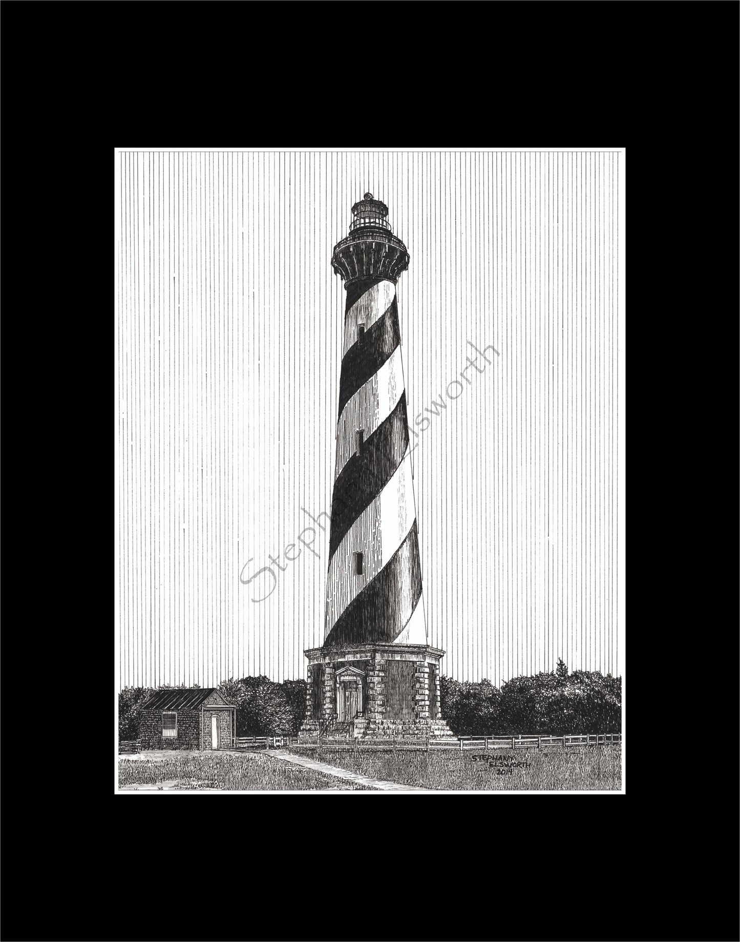 Cape Hatteras Lighthouse, Buxton, North Carolina 8 x 10 Pen and Ink Print in 11 x 14 mat