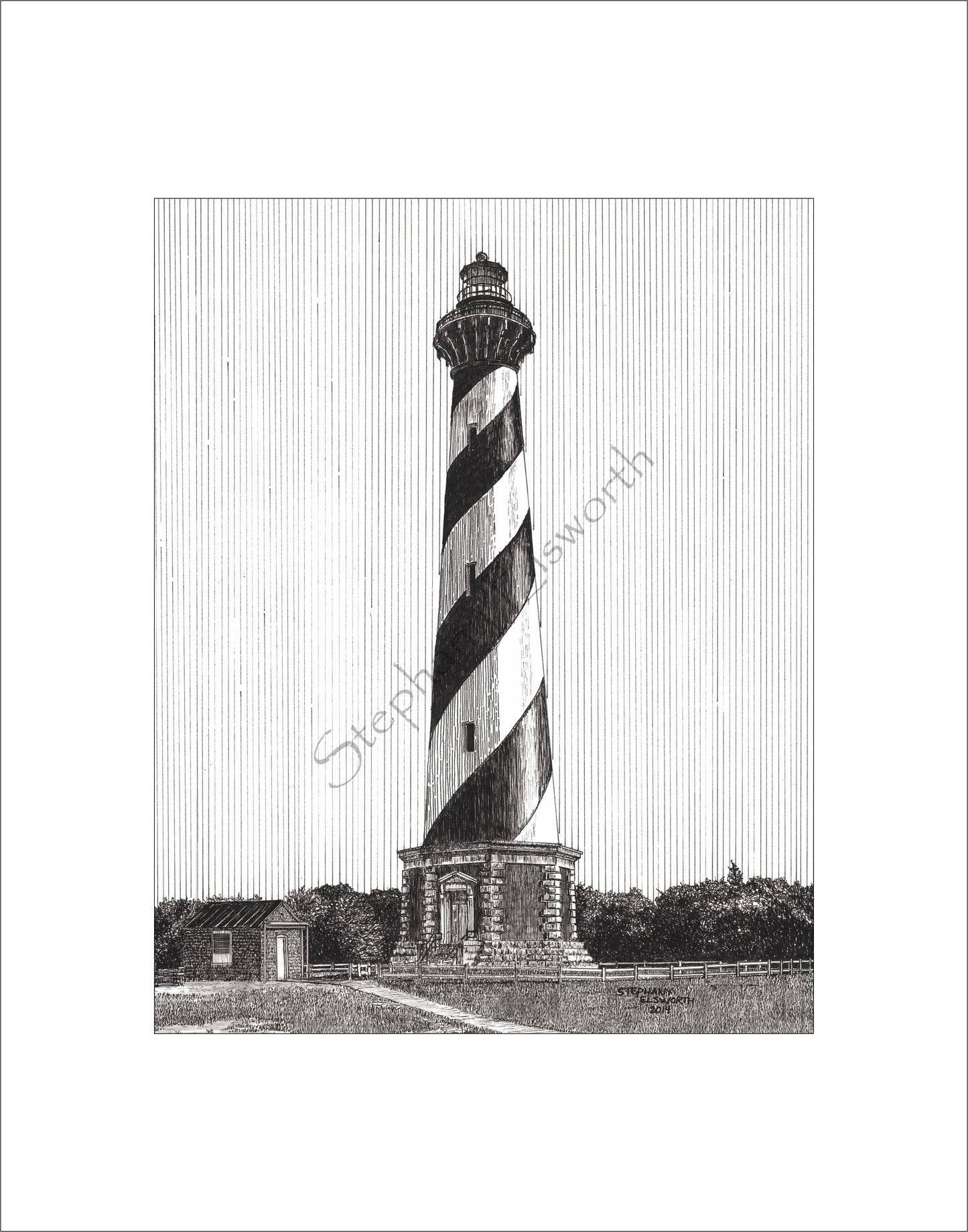 Cape Hatteras Lighthouse, Buxton, North Carolina 8 x 10 Pen and Ink Print in 11 x 14 mat