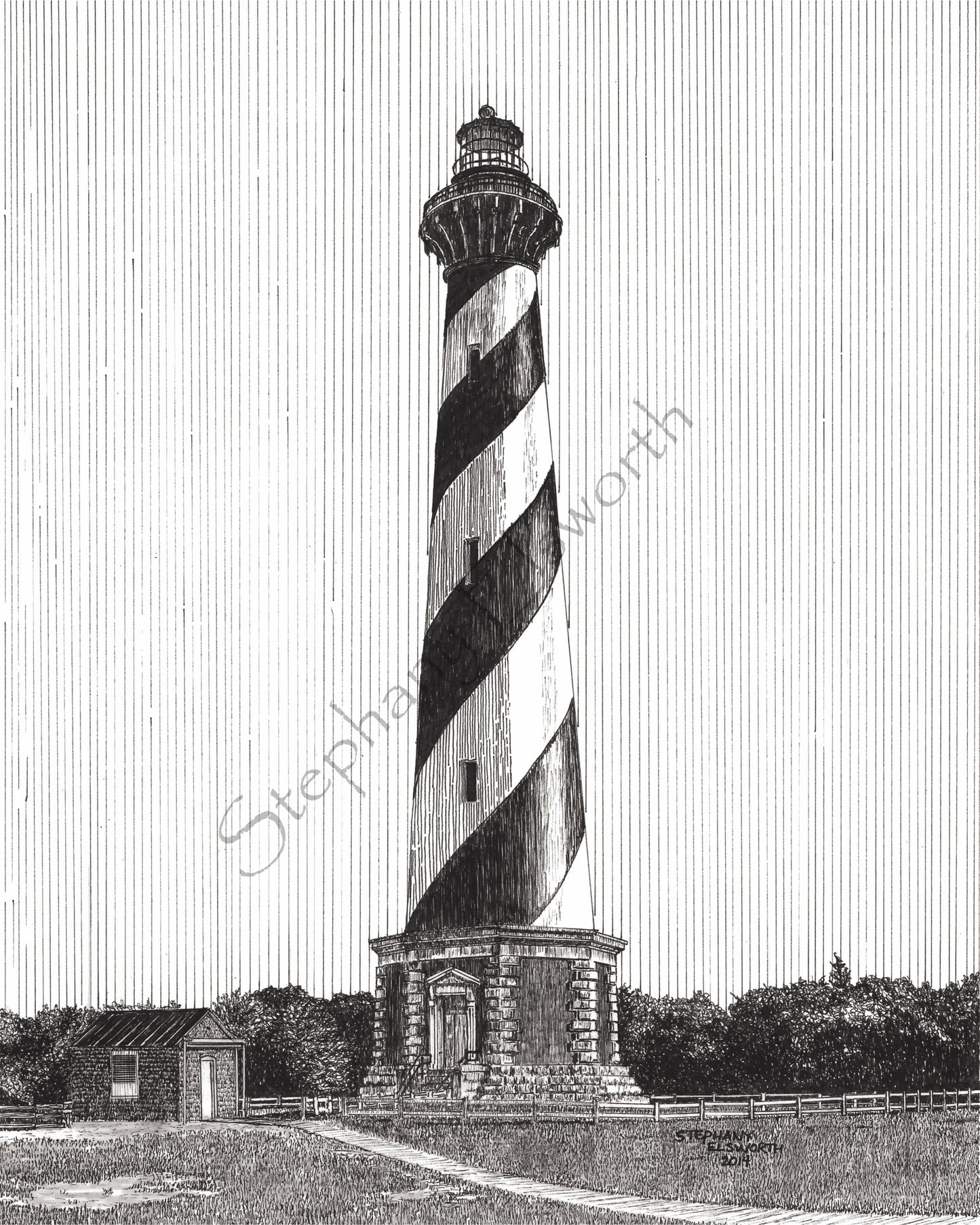 Cape Hatteras Lighthouse, Buxton, North Carolina 8 x 10 Pen and Ink Print in 11 x 14 mat