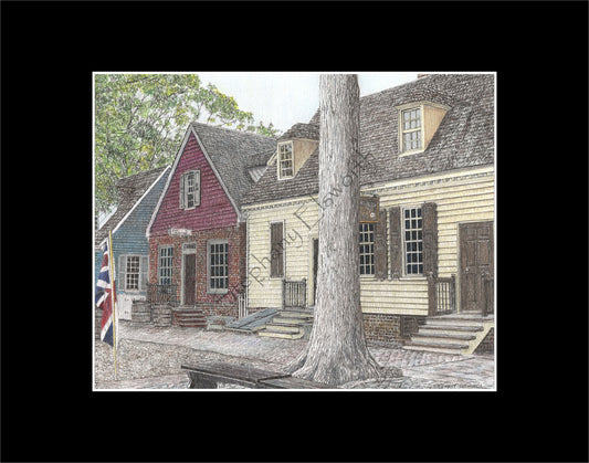 Colonial Williamsburg's Millinery and James Craig Jewelers, Williamsburg, VA 8 x 10 Pen and Ink/Colored Pencil Print in 11 x 14 mat