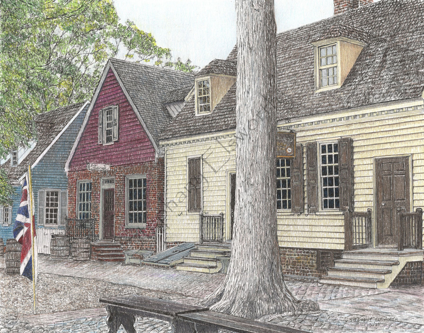 Colonial Williamsburg's Millinery and James Craig Jewelers, Williamsburg, VA 8 x 10 Pen and Ink/Colored Pencil Print in 11 x 14 mat