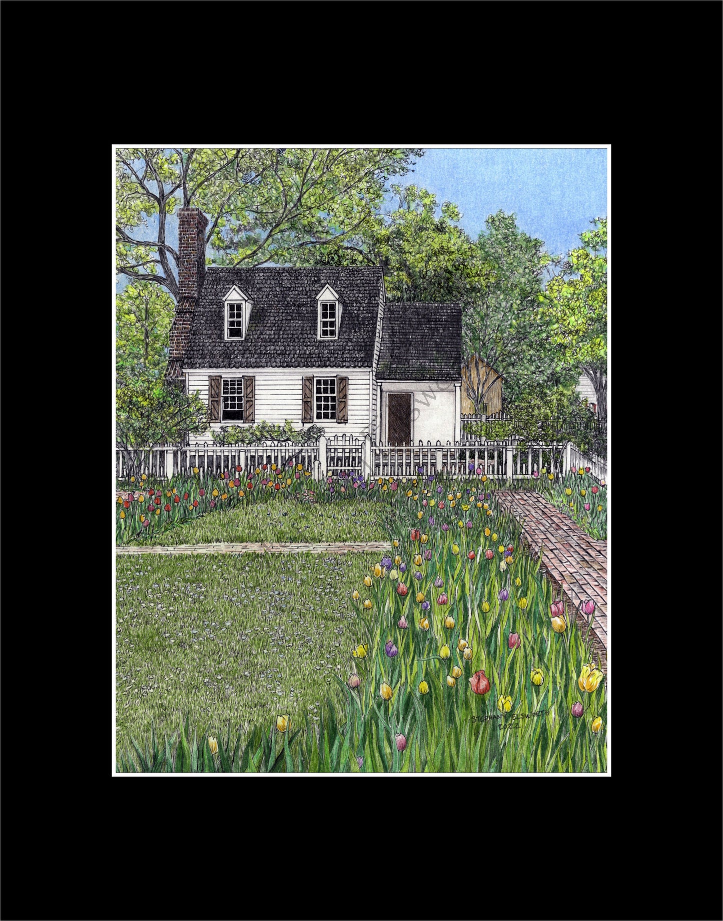 Colonial Williamsburg's Taliaferro Cole House Garden, Williamsburg, VA 8 x 10 Pen and Ink/Colored Pencil Print in 11 x 14 mat