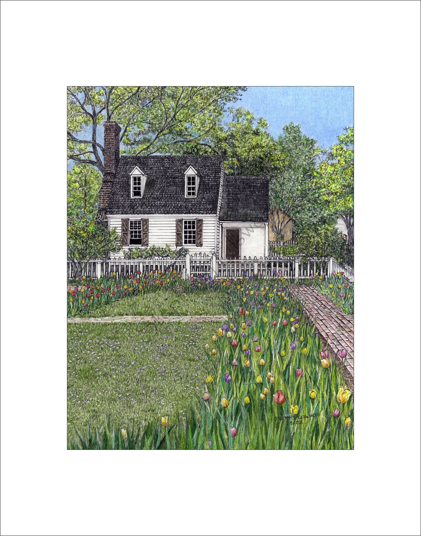 Colonial Williamsburg's Taliaferro Cole House Garden, Williamsburg, VA 8 x 10 Pen and Ink/Colored Pencil Print in 11 x 14 mat